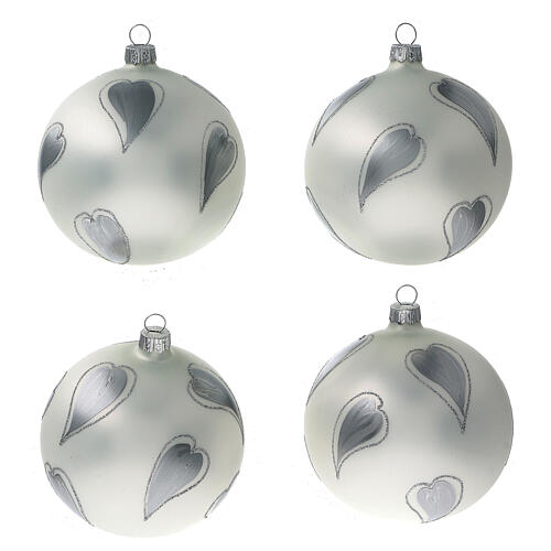 White Christmas ball silver hearts blown glass 100 mm, 4pcs 1