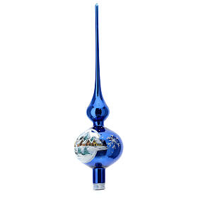 Christbaumspitze aus Glas in blau mit Winterdorf handbemalt, 35 cm