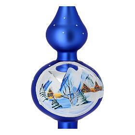 Christbaumspitze aus Glas in blau mit Winterdorf handbemalt, 35 cm