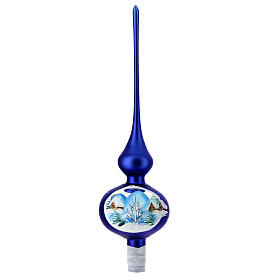Shock blue tip Christmas tree snow-covered houses blown glass 35 cm