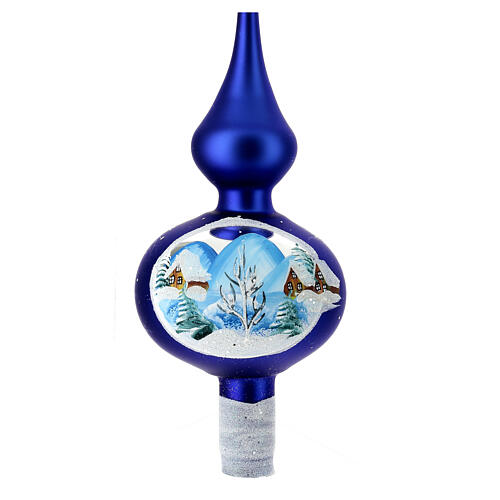 Shock blue tip Christmas tree snow-covered houses blown glass 35 cm 3