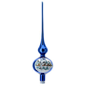 Cimier sapin bleu électrique village enneigé verre soufflé 35 cm
