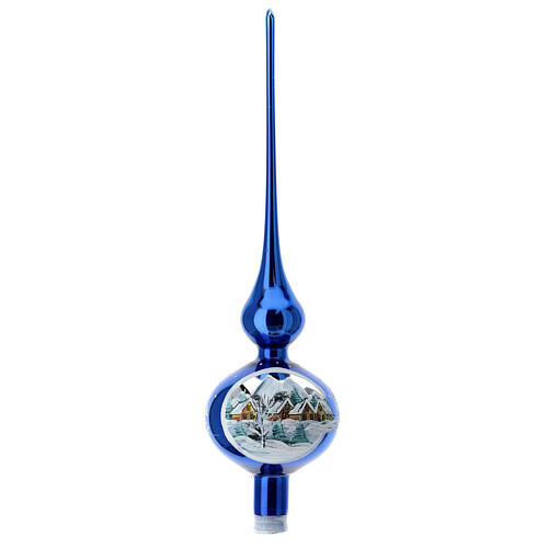 Cimier sapin bleu électrique village enneigé verre soufflé 35 cm 1