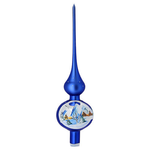 Cimier sapin bleu électrique village enneigé verre soufflé 35 cm 1
