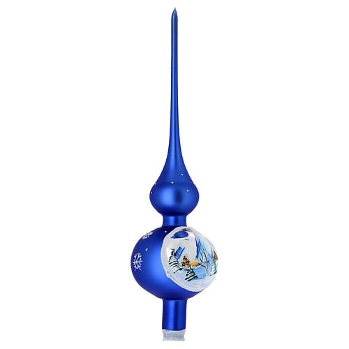 Puntale Natale blu elettrico villaggio innevato vetro soffiato 35 cm 3