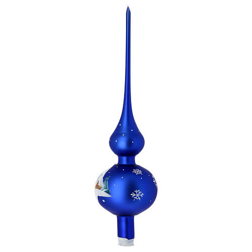 Ponteira árvore de Natal azul elétrico aldeia nevada vidro soprado 35 cm 4
