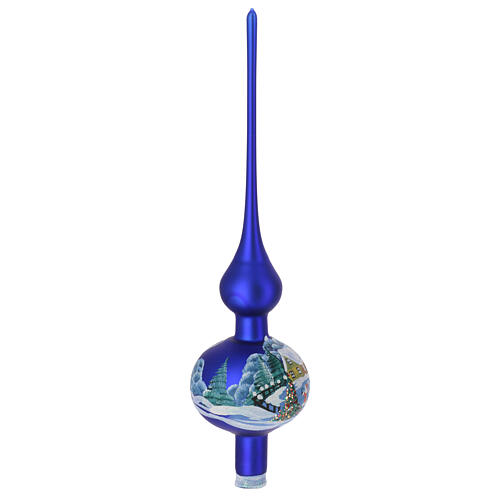 Ponteira árvore de Natal azul casa nevada vidro soprado 35 cm 3