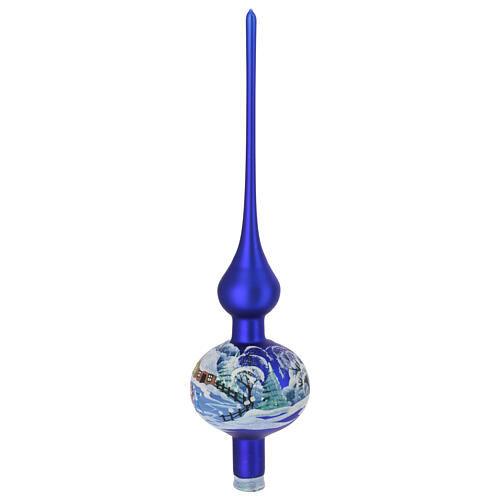 Ponteira árvore de Natal azul casa nevada vidro soprado 35 cm 5