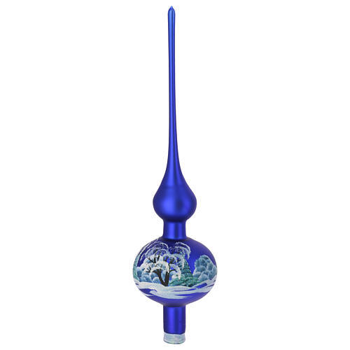 Ponteira árvore de Natal azul casa nevada vidro soprado 35 cm 6