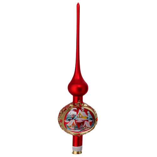 Puntale albero Natale rosso satinato neve vetro soffiato 35 cm 1