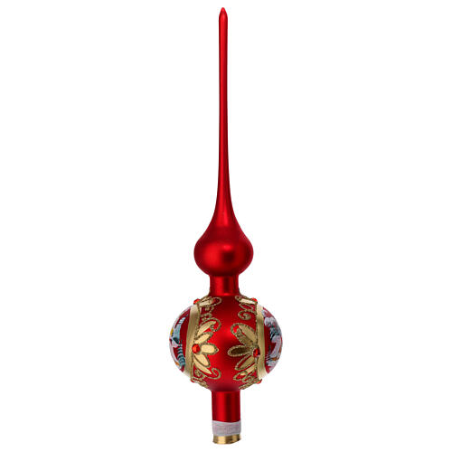 Puntale albero Natale rosso satinato neve vetro soffiato 35 cm 3