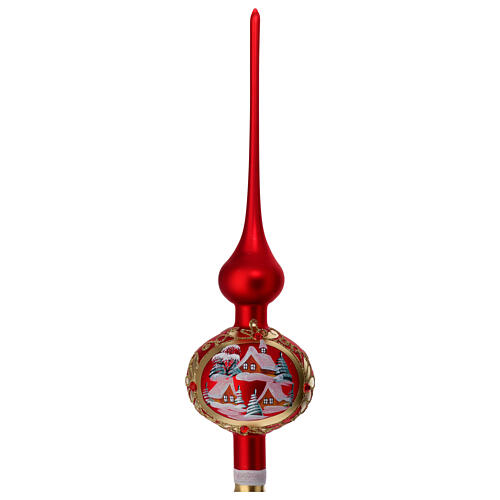 Puntale albero Natale rosso satinato neve vetro soffiato 35 cm 4