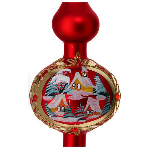 Glass Finial tree topper satin red snowy village 35 cm 2