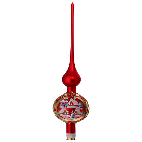 Glass Finial tree topper satin red snowy village 35 cm 4