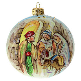 Christmas tree ball white blown glass with Holy family and shepherd 100 mm