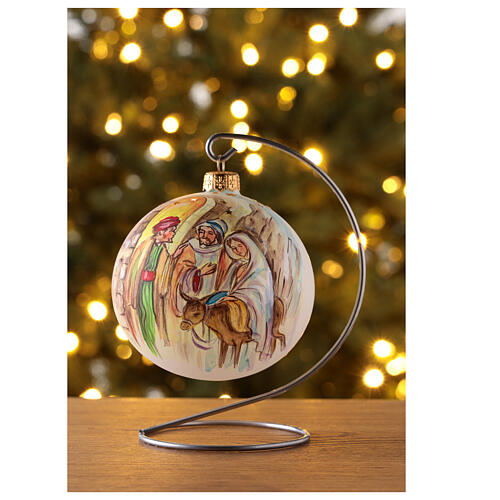 Christmas tree ball white blown glass with Holy family and shepherd 100 mm 2