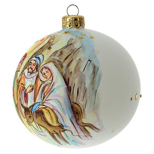 Christmas tree ball white blown glass with Holy family and shepherd 100 mm 3