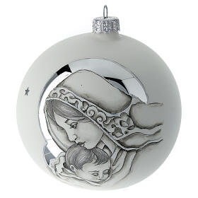 Palla Natale vetro soffiato bianco decoro Maria e Gesù bambino 100 mm