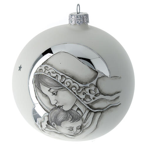 Palla Natale vetro soffiato bianco decoro Maria e Gesù bambino 100 mm 1