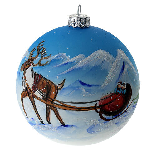 Bola árvore de Natal vidro soprado azul trenó com rena 10 cm 1