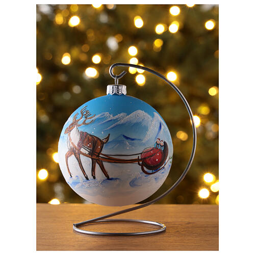 Bola árvore de Natal vidro soprado azul trenó com rena 10 cm 2
