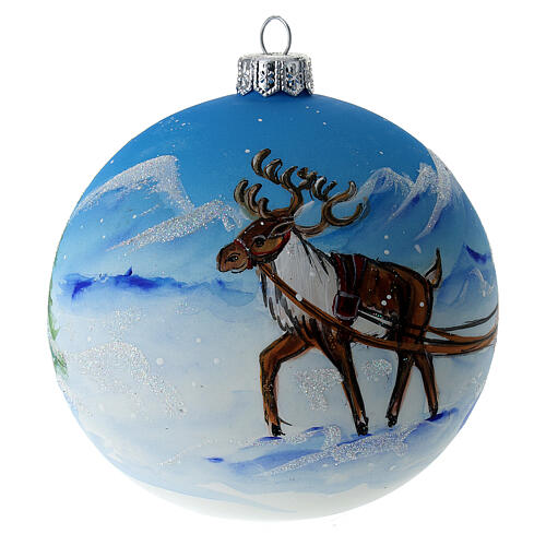 Bola árvore de Natal vidro soprado azul trenó com rena 10 cm 4