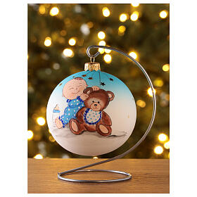 Boule de Noël verre soufflé blanc dessin enfant avec peluche 100 mm