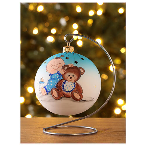 Bola árvore de Natal vidro soprado branco bebé com urso de pelúcia 10 cm 2