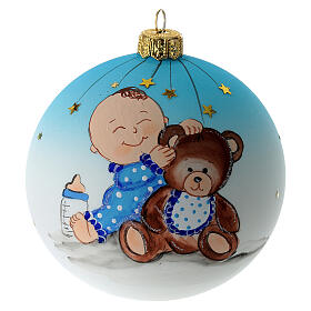 Christmas tree ornament in blown glass with baby boy and teddy bear 100 mm