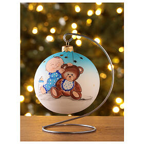 Christmas tree ornament in blown glass with baby boy and teddy bear 100 mm