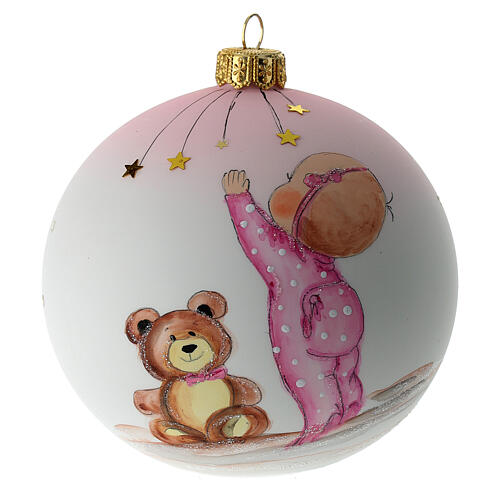 Bola árvore de Natal vidro soprado branco bebé menina com urso de pelúcia 10 cm 1