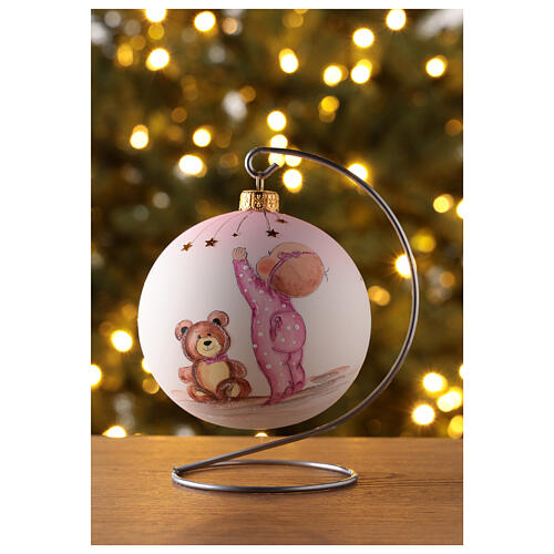 Bola árvore de Natal vidro soprado branco bebé menina com urso de pelúcia 10 cm 2