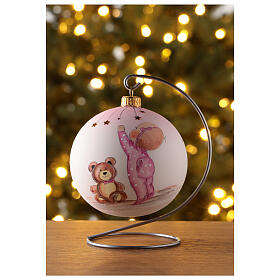 Christmas ball in blown glass with baby girl and teddy bear 100 mm