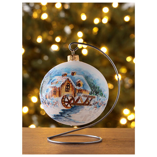 Christmas tree ball white blown glass with snowy landscape 100 mm 2