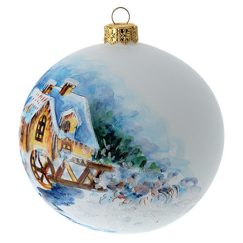 Boule sapin de Noël verre soufflé blanc paysage enneigé 100 mm 3