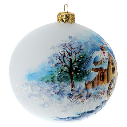Palla albero di Natale vetro soffiato bianco paesaggio innevato 100 mm 4