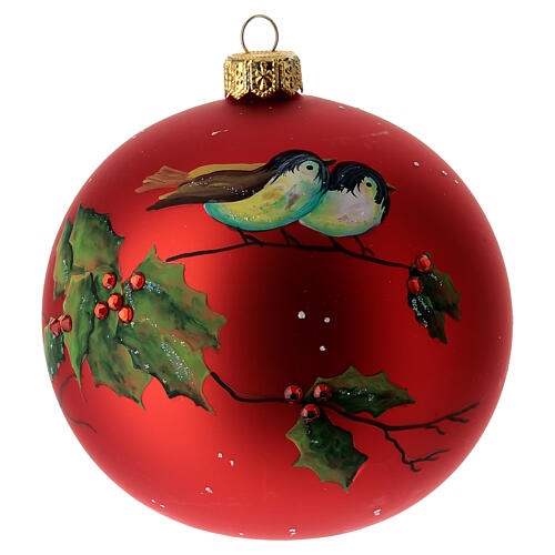Boule sapin de Noël verre soufflé rouge oiseaux et houx 100 mm 1