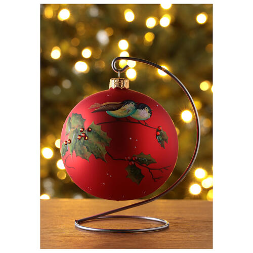 Boule sapin de Noël verre soufflé rouge oiseaux et houx 100 mm 2