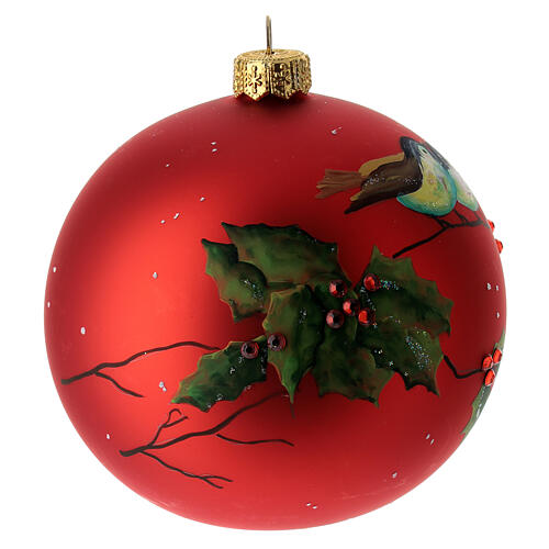 Boule sapin de Noël verre soufflé rouge oiseaux et houx 100 mm 4