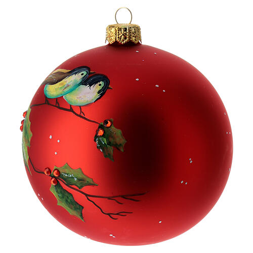 Palla albero Natale vetro soffiato rosso uccellini agrifoglio 100 mm 3