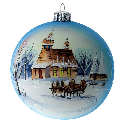 Christmas tree ball white and blue blown glass with snowy landscape 100 mm 1