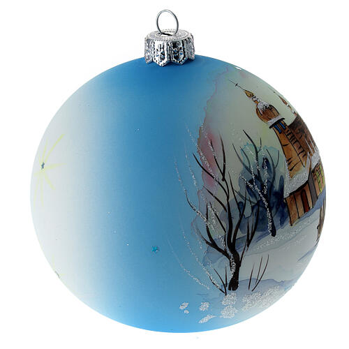 Bola árbol Navidad vidrio soplado blanco azul paisaje nevado 100 mm 4