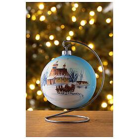 Boule sapin de Noël verre soufflé blanc et bleu paysage enneigé 100 mm