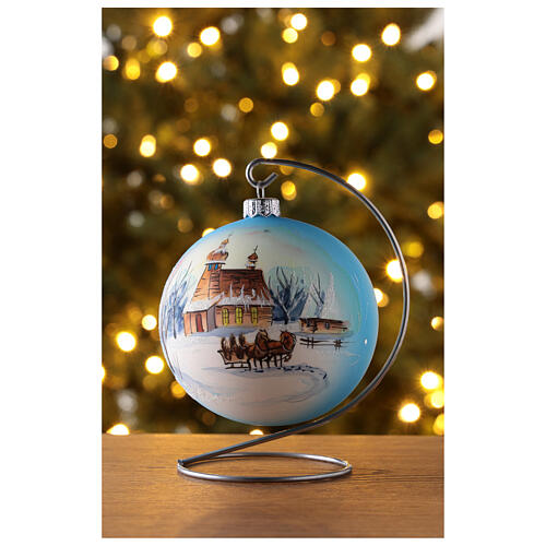 Boule sapin de Noël verre soufflé blanc et bleu paysage enneigé 100 mm 2