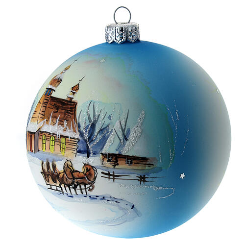 Boule sapin de Noël verre soufflé blanc et bleu paysage enneigé 100 mm 3