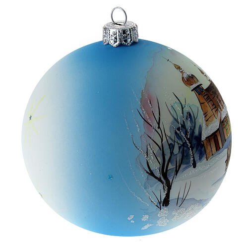 Boule sapin de Noël verre soufflé blanc et bleu paysage enneigé 100 mm 4