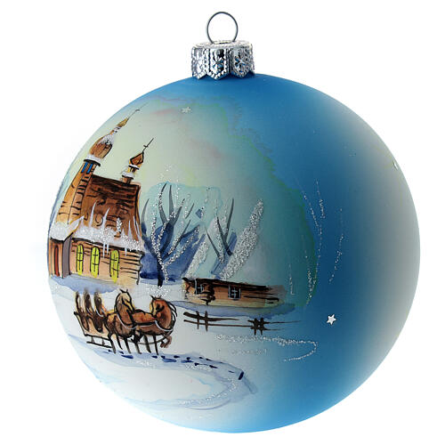 Bola árvore de Natal vidro soprado branco e azul com paisagem nevada igreja 10 cm 3