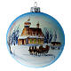 Bola árvore de Natal vidro soprado branco e azul com paisagem nevada igreja 10 cm s1