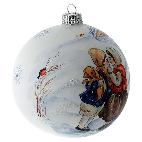 Bola árvore de Natal vidro soprado branco meninos com cachorro 10 cm 4