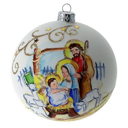 Christmas tree ball in white blown glass with Holy Family decoration 100 mm 1